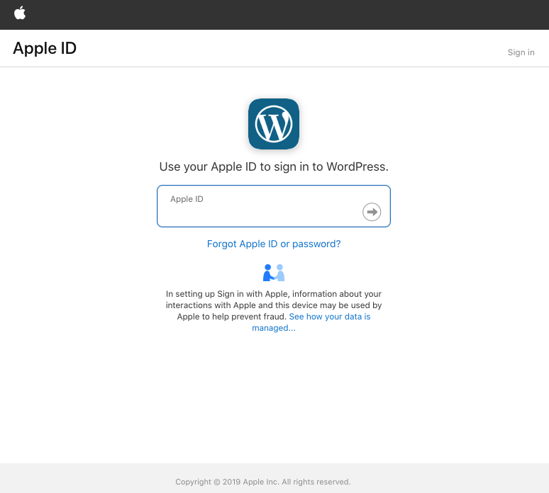 Wordpress.com e Sign in with Apple